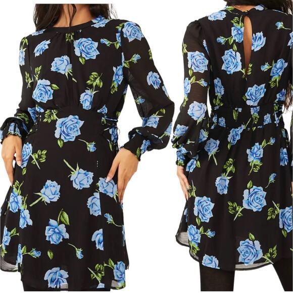 Free People Dress Womens Small Black Blue Samantha Floral Skater Bishop Sleeve - Picture 1 of 11